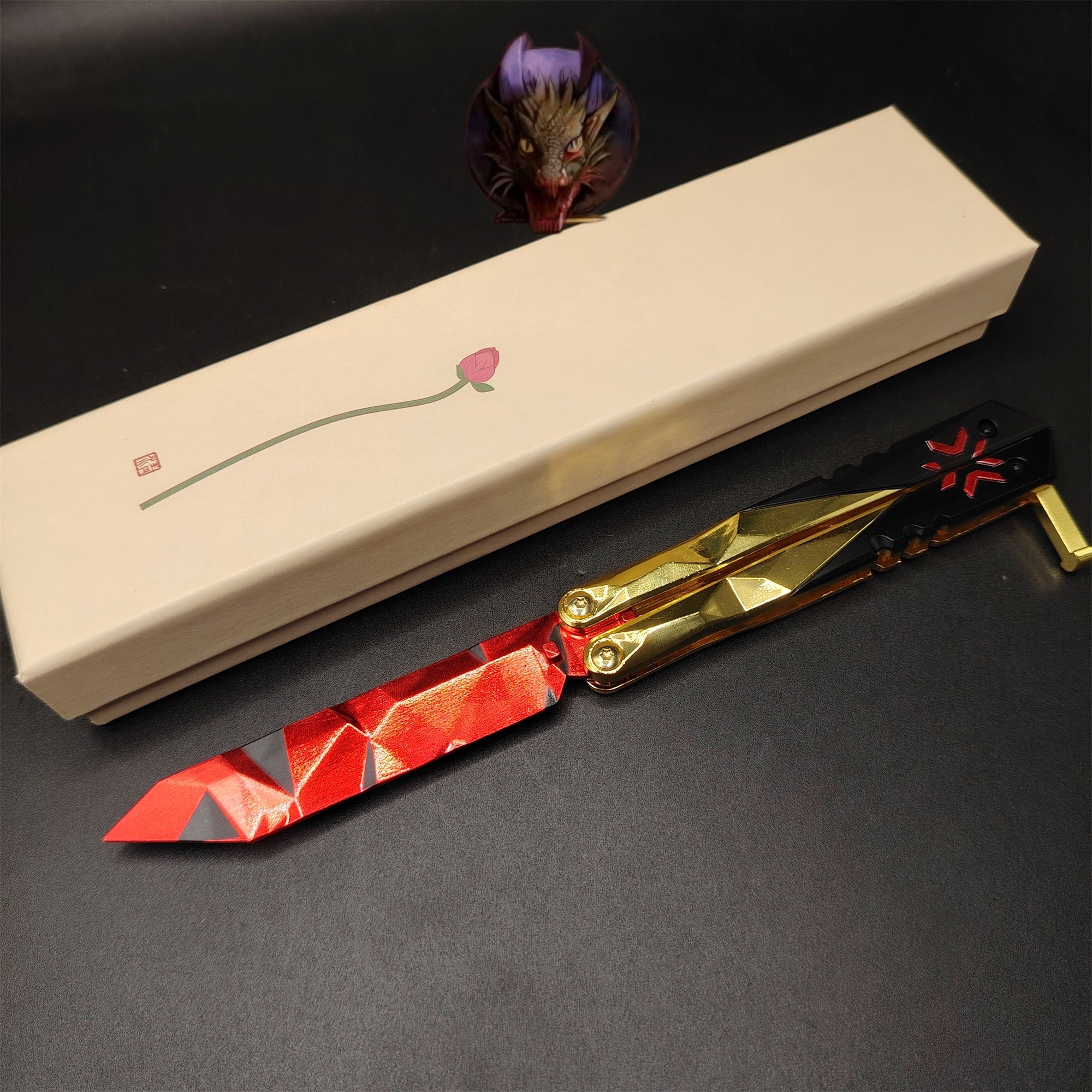 Champion Butterfly Knife Blunt Blade Trainer Display Fan Art With Gift Box