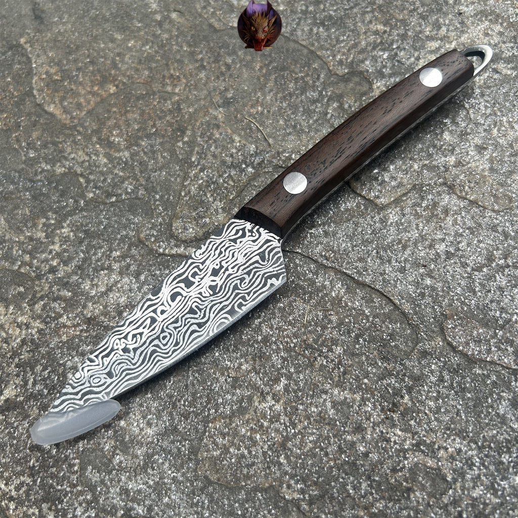Mini Damascus Steel Knife Wood Handle Portable Pocket Knife