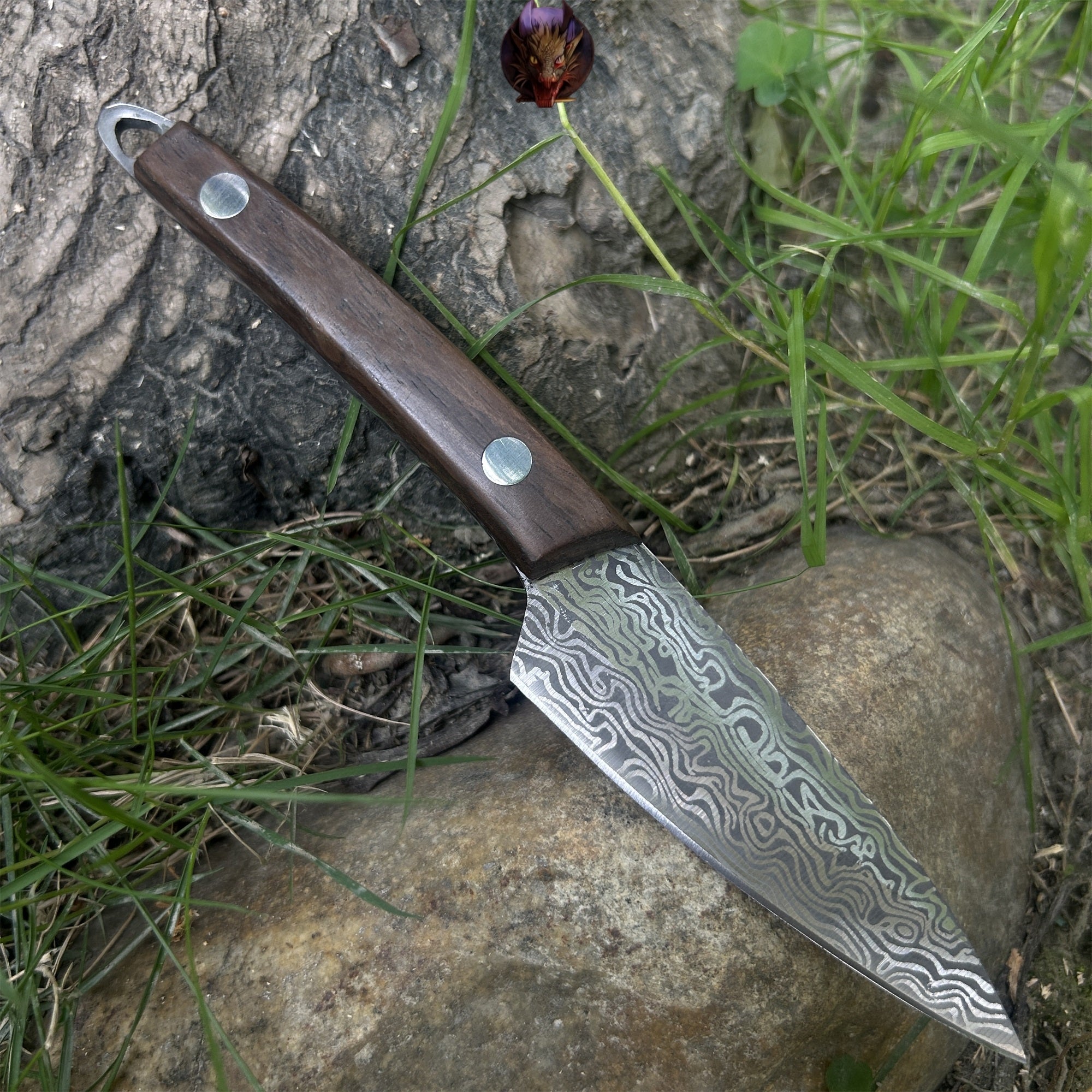 Mini Damascus Steel Knife Wood Handle Portable Pocket Knife