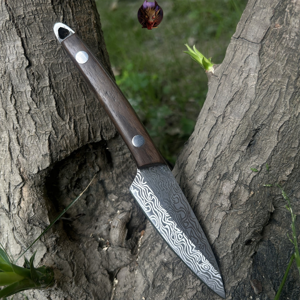 Mini Damascus Steel Knife Wood Handle Portable Pocket Knife