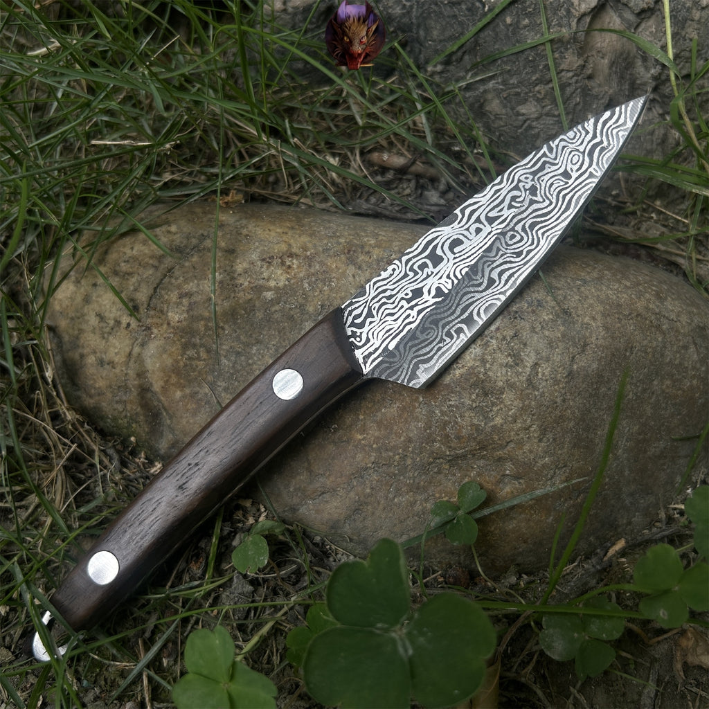 Mini Damascus Steel Knife Wood Handle Portable Pocket Knife