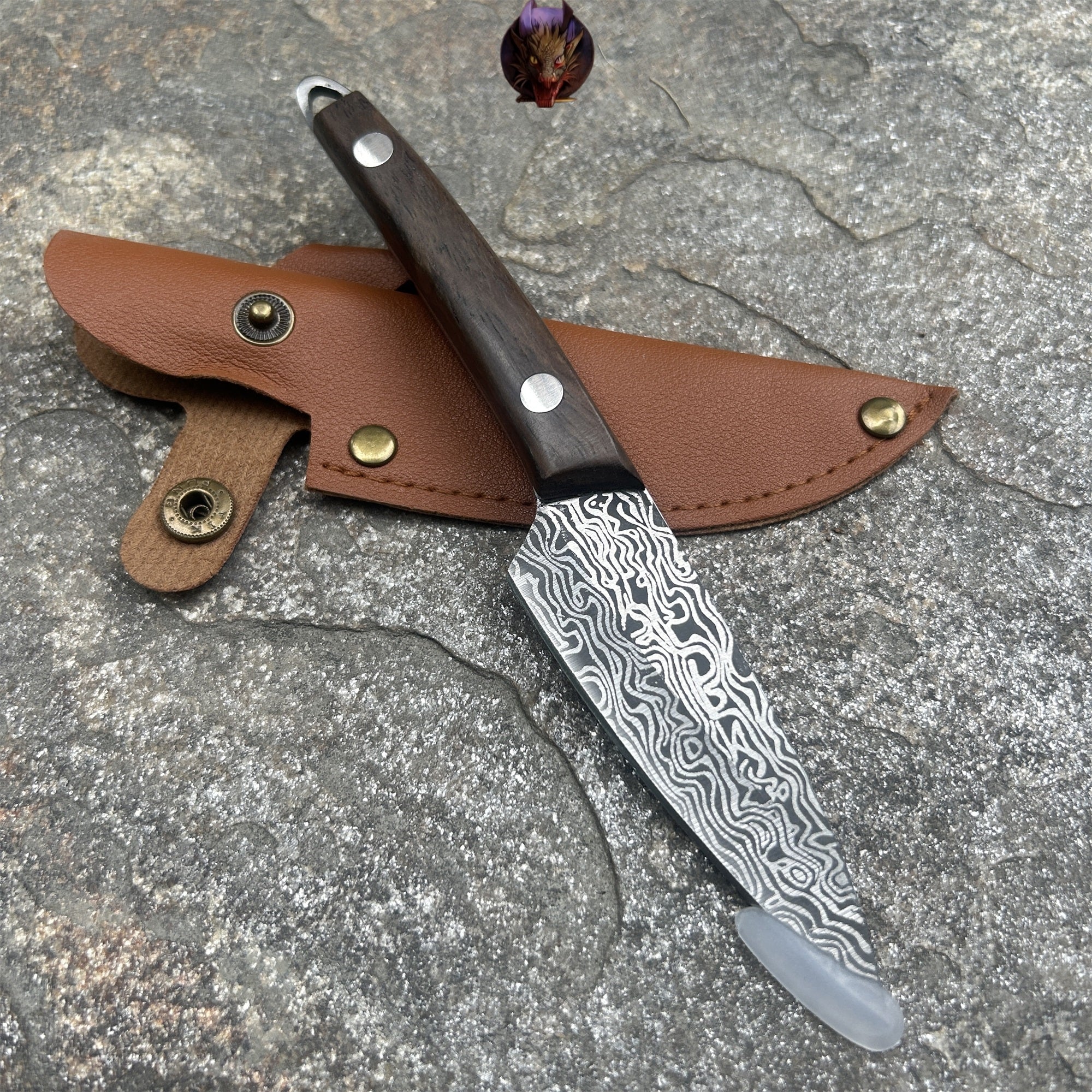 Mini Damascus Steel Knife Wood Handle Portable Pocket Knife