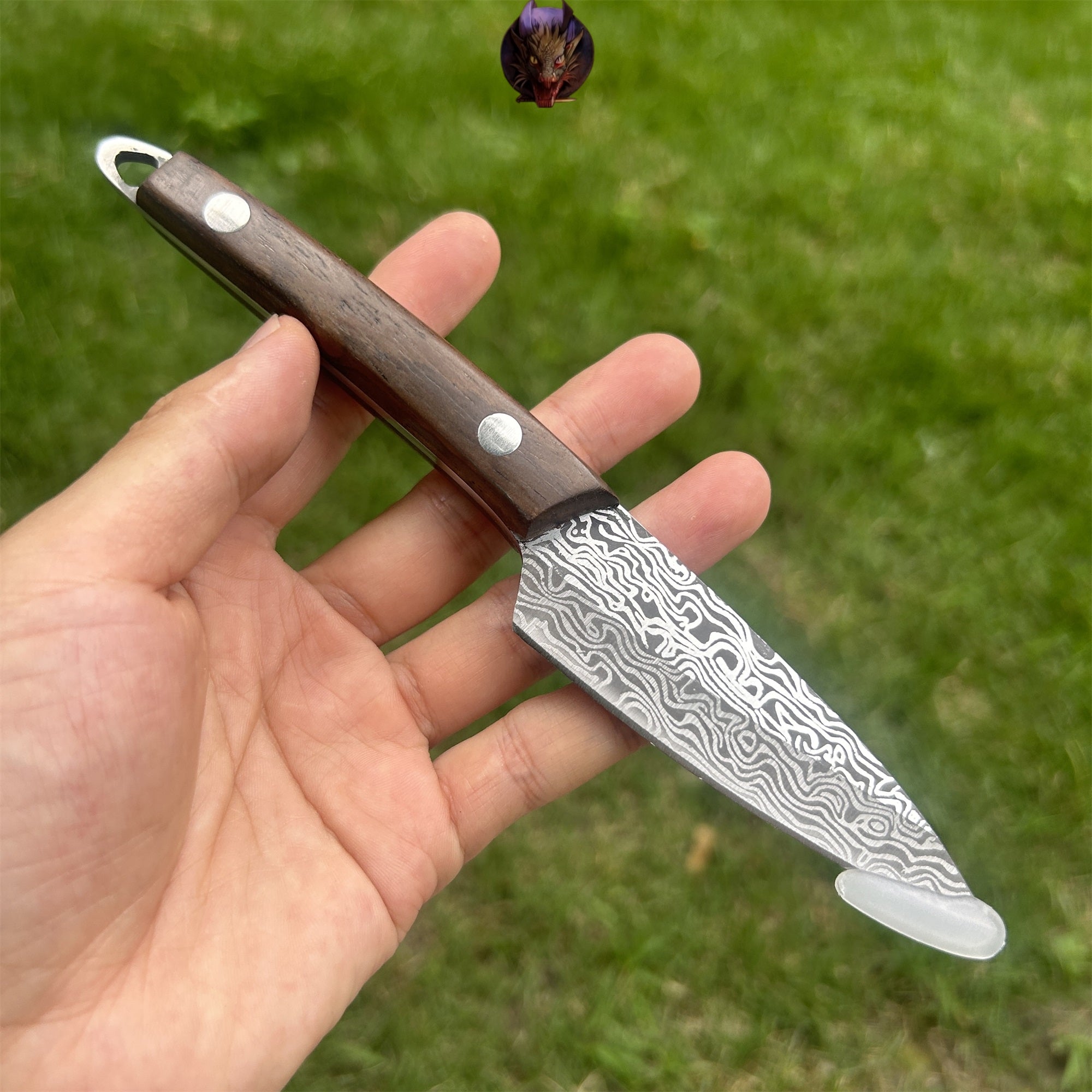 Mini Damascus Steel Knife Wood Handle Portable Pocket Knife
